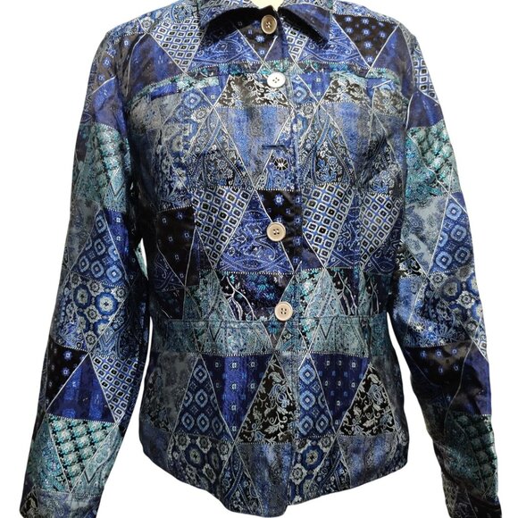 Coldwater Creek M womens vintage patchwork paisley triangle jacket blue silver - Picture 11 of 16